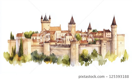 Carcassonne. Carcassonne hand drawn watercolor illustration Carcassonne. Carcassonne hand drawn watercolor illustration 125393188