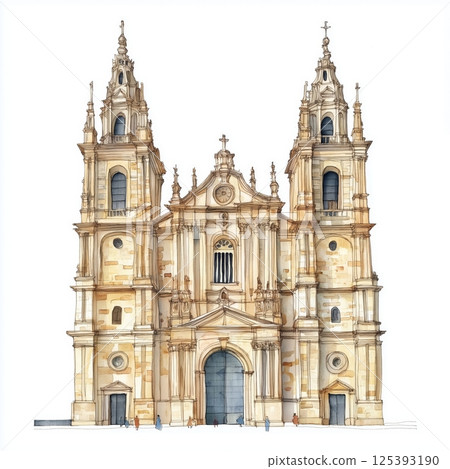 Cathedral of Santiago de Compostela. Cathedral of Santiago de Compostela hand drawn watercolor illustration Cathedral of Santiago de Compostela. Cathedral of Santiago de Compostela hand drawn watercolor illustration 125393190
