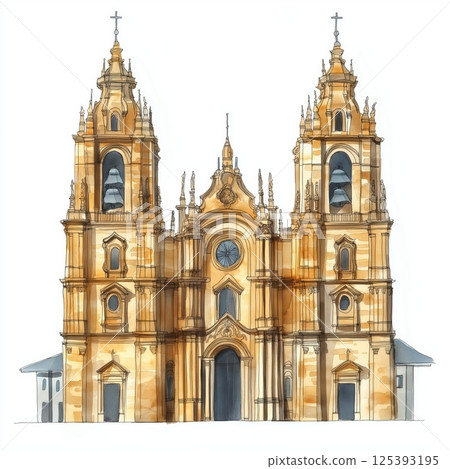 Cathedral of Santiago de Compostela. Cathedral of Santiago de Compostela hand drawn watercolor illustration 125393195