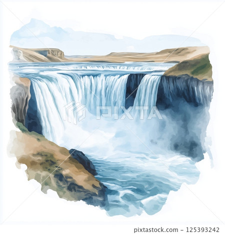Gullfoss Waterfall. Gullfoss Waterfall hand drawn watercolor illustration 125393242
