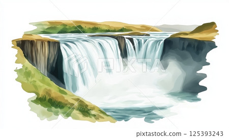 Gullfoss Waterfall. Gullfoss Waterfall hand drawn watercolor illustration Gullfoss Waterfall. Gullfoss Waterfall hand drawn watercolor illustration 125393243
