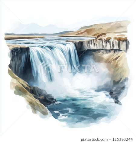 Gullfoss Waterfall. Gullfoss Waterfall hand drawn watercolor illustration Gullfoss Waterfall. Gullfoss Waterfall hand drawn watercolor illustration 125393244