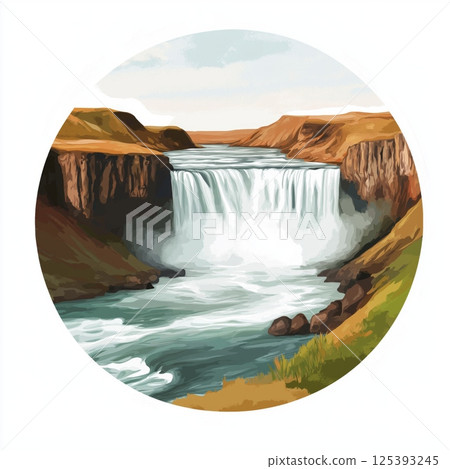 Gullfoss Waterfall. Gullfoss Waterfall hand drawn watercolor illustration 125393245