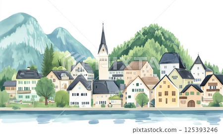 Hallstatt Village. Hallstatt Village hand drawn watercolor illustration 125393246