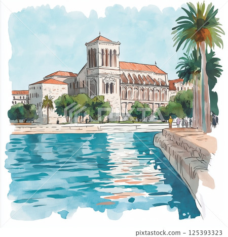 Diocletian's Palace. Diocletian's Palace hand drawn watercolor illustration 125393323