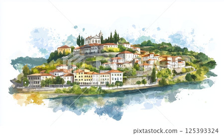 Douro Valley. Douro Valley hand drawn watercolor illustration 125393324