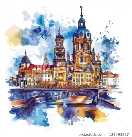 Dresden Zwinger. Dresden Zwinger hand drawn watercolor illustration Dresden Zwinger. Dresden Zwinger hand drawn watercolor illustration 125393327