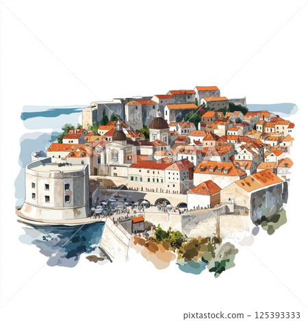 Dubrovnik Old Town and Walls. Dubrovnik Old Town and Walls hand drawn watercolor illustration 125393333