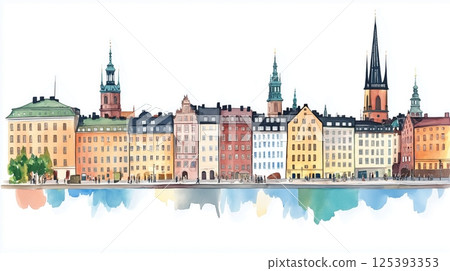 Gamla Stan. Gamla Stan hand drawn watercolor illustration 125393353