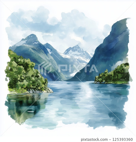 Geirangerfjord. Geirangerfjord hand drawn watercolor illustration 125393360