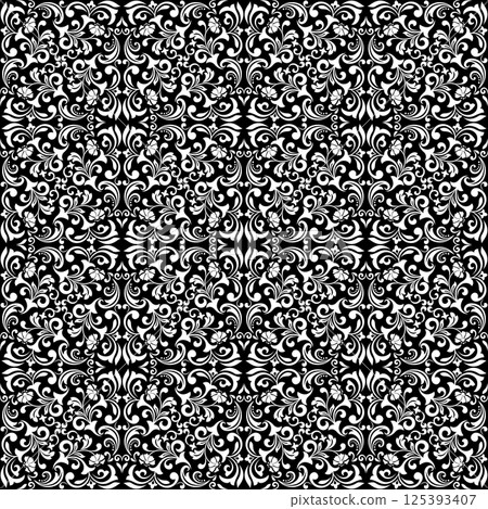 Wallpaper in the style of Baroque. White and black floral ornament. Seamless vector background. Graphic pattern for fabric, wallpaper, packaging. Ornate Damask flower illustration. Wallpaper in the style of Baroque. White and black floral ornament. Seamless vector background. Graphic pattern for fabric, wallpaper, packaging. Ornate Damask flower illustration. 125393407