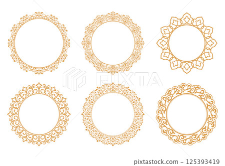 Set of decorative frames Elegant vector element for design in Eastern style, place for text. Floral golden and white borders. Lace illustration for invitations and greeting cards 125393419
