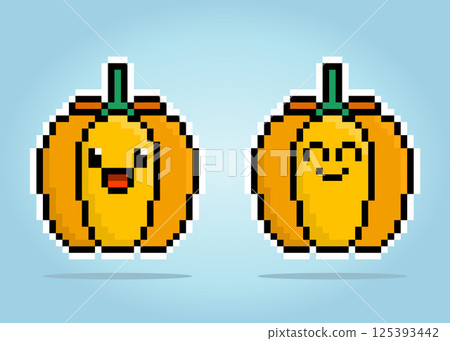 8 bit pixel of pumpkin character. Veggies for game assets and cross stitch patterns in vector illustrations. 8 bit pixel of pumpkin character. Veggies for game assets and cross stitch patterns in vector illustrations. 125393442