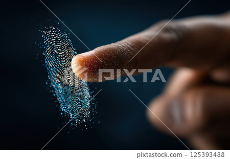 close up of finger scanning glowing fingerprint dark background, symbolizing biometric 125393488