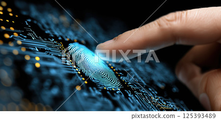 close up of finger scanning glowing fingerprint digital circuit board, symbolizing biometric 125393489