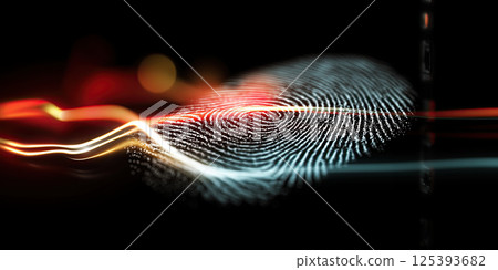 close up of glowing biometric fingerprint ID with digital light trails on dark background 125393682