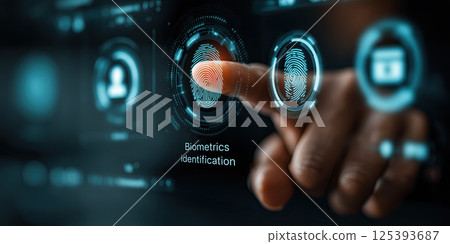 hand is pointing at digital screen with biometric fingerprint identification 125393687