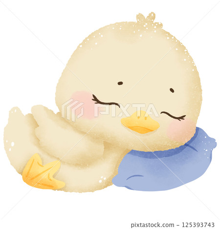 Cute sleeping baby goose with pillow hand drawn clipart with transparent background. Perfect for cards, crafts, stickers, and spring designs 125393743