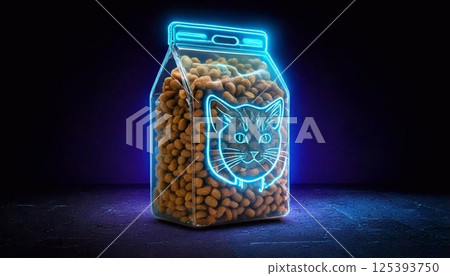 Neon cat food packaging illuminated against a dark background showcasing vibrant design 125393750