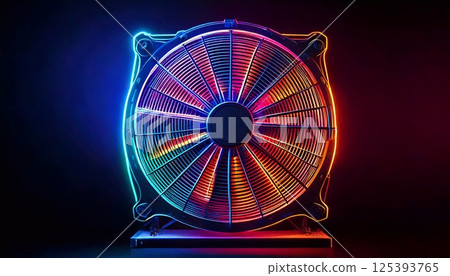 Vibrant neon fan with colorful illumination against a dark background 125393765