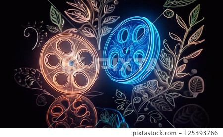 Neon film reels glow against a dark background filled with intricate flora patterns 125393766