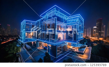 Neon techno house project showcases innovative design against a city skyline at night 125393789