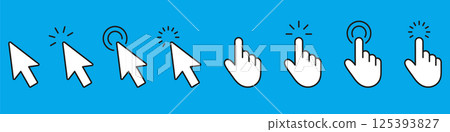 Cursor Pointer And Click Solid Icon Set. Hand And Arrow Interaction Silhouette Symbol Collection. Isolated Vector Illustration 125393827