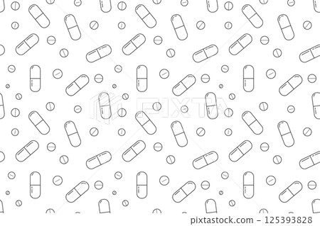 Medical pills seamless pattern. Outline pills background. Pills and capsules pattern in black and white. 125393828