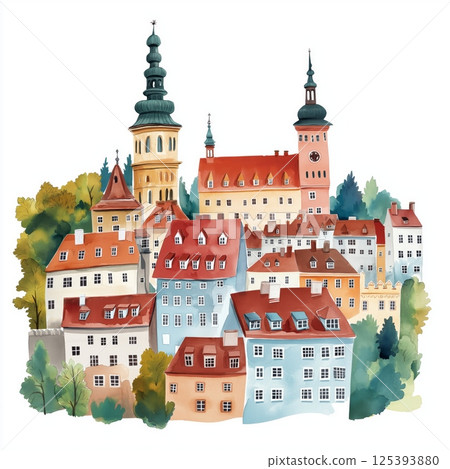 Cesky Krumlov. Cesky Krumlov hand drawn watercolor illustration 125393880