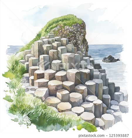 Giants Causeway. Giants Causeway hand drawn watercolor illustration 125393887