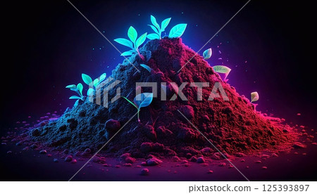 Neon illuminated soil pile with vibrant green plants thriving in dark environment 125393897