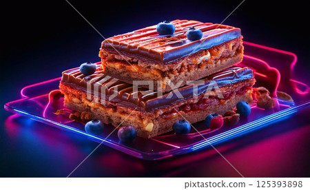 Delicious protein bars with neon lighting and fresh blueberries on a vibrant plate 125393898