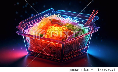 Vibrant neon packaging of vermicelli noodles with colorful toppings at night 125393931