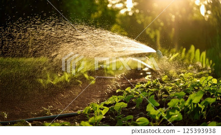 Watering the garden with a hose during golden hour for healthy plants and flowers 125393938