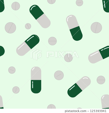 Green medical pills seamless pattern. Pills background. Pills and capsules pattern in green and white. A green medical illustration. Aseamless pattern with medical pills. Green medical pills seamless pattern. Pills background. Pills and capsules pattern in green and white. A green medical illustration. Aseamless pattern with medical pills. 125393941