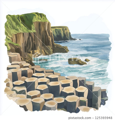 Giants Causeway. Giants Causeway hand drawn watercolor illustration Giants Causeway. Giants Causeway hand drawn watercolor illustration 125393948