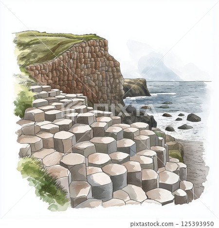 Giants Causeway. Giants Causeway hand drawn watercolor illustration Giants Causeway. Giants Causeway hand drawn watercolor illustration 125393950