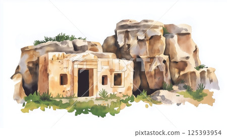 Hal Saflieni Hypogeum. Hal Saflieni Hypogeum hand drawn watercolor illustration Hal Saflieni Hypogeum. Hal Saflieni Hypogeum hand drawn watercolor illustration 125393954