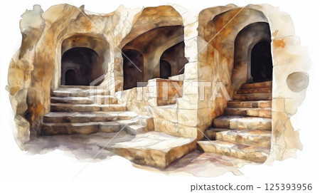 Hal Saflieni Hypogeum. Hal Saflieni Hypogeum hand drawn watercolor illustration 125393956