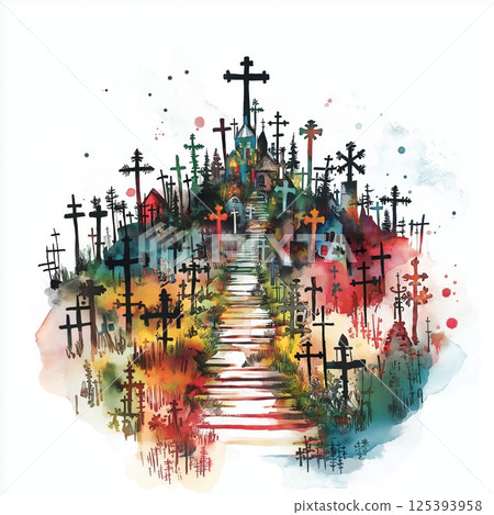 Hill of Crosses. Hill of Crosses hand drawn watercolor illustration 125393958