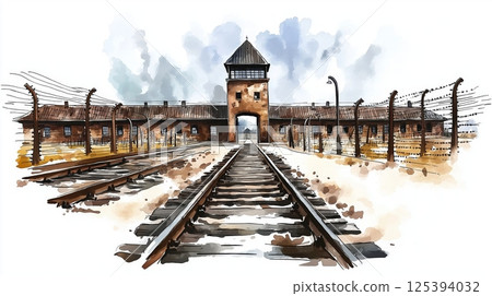Auschwitz. Auschwitz hand drawn watercolor illustration Auschwitz. Auschwitz hand drawn watercolor illustration 125394032