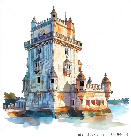 Belem Tower. Belem Tower hand drawn watercolor illustration Belem Tower. Belem Tower hand drawn watercolor illustration 125394034