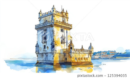 Belem Tower. Belem Tower hand drawn watercolor illustration Belem Tower. Belem Tower hand drawn watercolor illustration 125394035