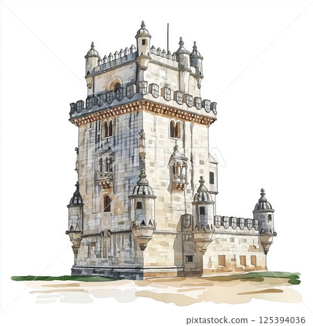 Belem Tower. Belem Tower hand drawn watercolor illustration Belem Tower. Belem Tower hand drawn watercolor illustration 125394036