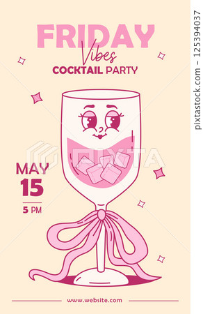 Groovy Glass Cocktail Character with Coquette Pink Bow and ice cubes. Romantic Vintage Aesthetic Drink. Trendy retro Friday party invitation poster flyer with alcoholic beverage. Vector illustration Groovy Glass Cocktail Character with Coquette Pink Bow and ice cubes. Romantic Vintage Aesthetic Drink. Trendy retro Friday party invitation poster flyer with alcoholic beverage. Vector illustration 125394037