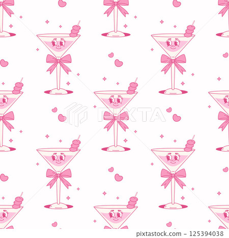Seamless Pattern Pink Glass Cocktail Character with Coquette Bow. Vintage Aesthetic Drink Martini with Olives on White Background. Romantic Girly Vibe. Trendy backdrop template. Vector illustration Seamless Pattern Pink Glass Cocktail Character with Coquette Bow. Vintage Aesthetic Drink Martini with Olives on White Background. Romantic Girly Vibe. Trendy backdrop template. Vector illustration 125394038