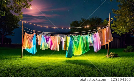 Colorful laundry drying at night on a green lawn illuminated by string lights 125394103