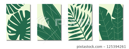 Green plants backdrop set. Vector illustration of a set of green leaves. Tropical leaves set of banners. Green plants backdrop set. Vector illustration of a set of green leaves. Tropical leaves set of banners. 125394261