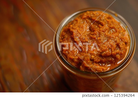 Homemade ajvar in a glass jar on a wooden table, traditional red pepper and eggplant relish, top view of Balkan spread 125394264