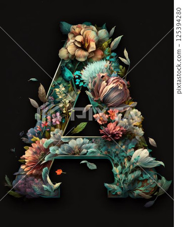 Floral capital letter A decorated with flowers and leaves on black background Floral capital letter A decorated with flowers and leaves on black background 125394280